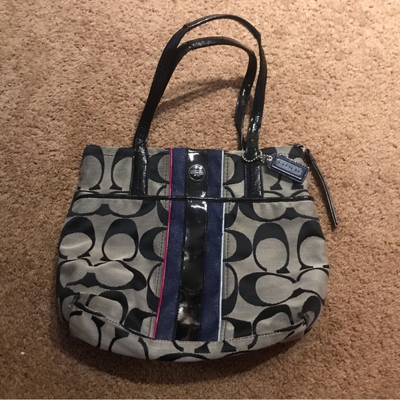 Coach signature stripe Tote Purse Black/navy/silver - Picture 2 of 3
